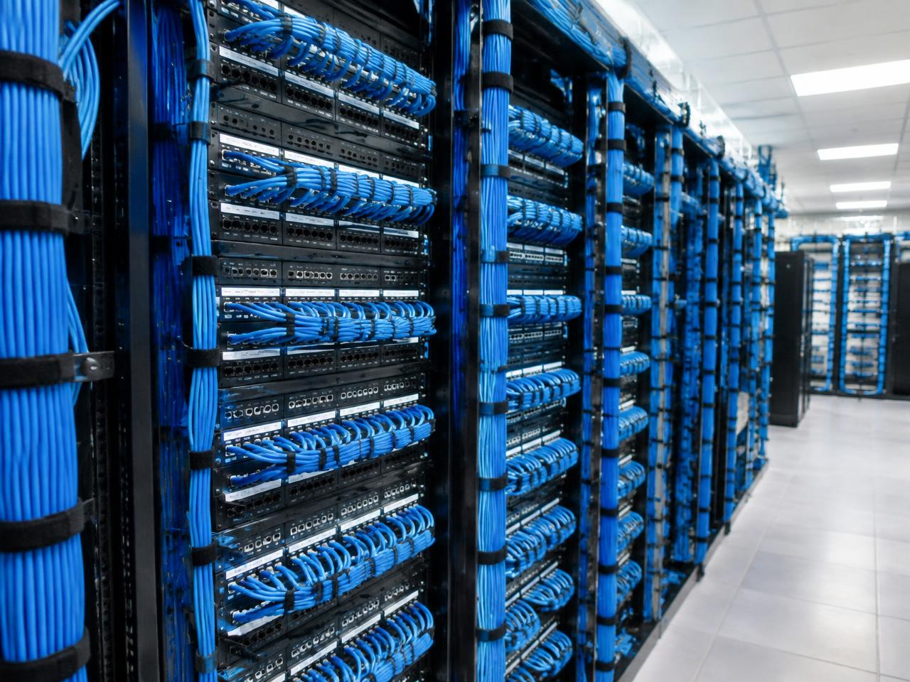 Neatly dressed Cat6 cabling with velcro bundles and cross connects in a commercial MDF room